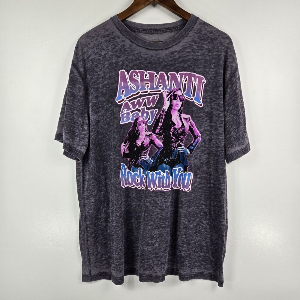 Ashanti Size Large Gray Purple Marled Short Sleeve T Shirt Front & Back NWOT